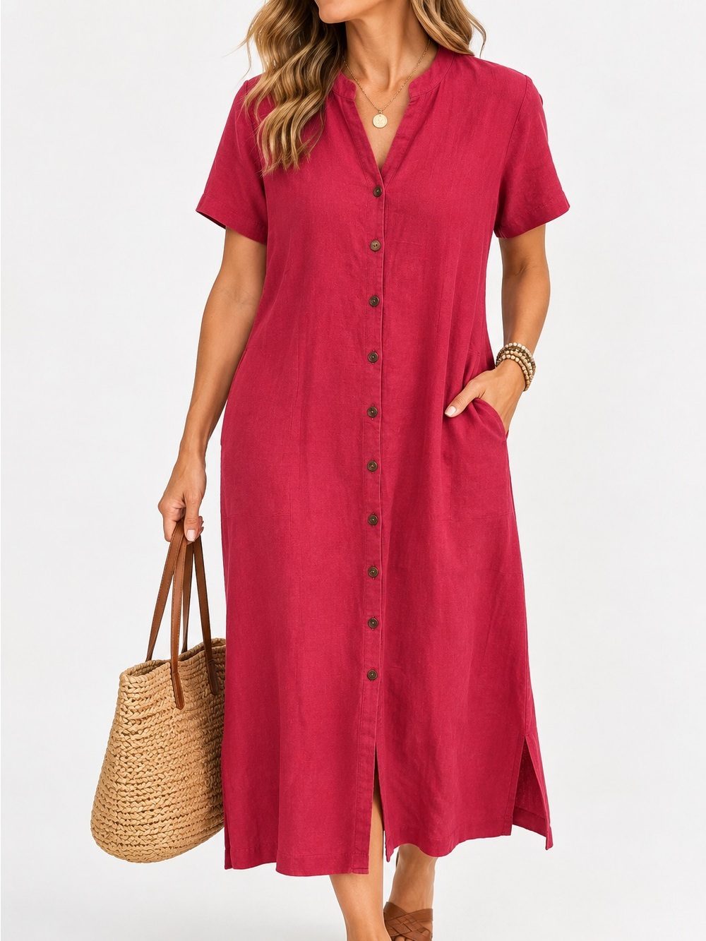J. Jill 100% Linen Button Front Midi Dress – Size L – Raspberry Red